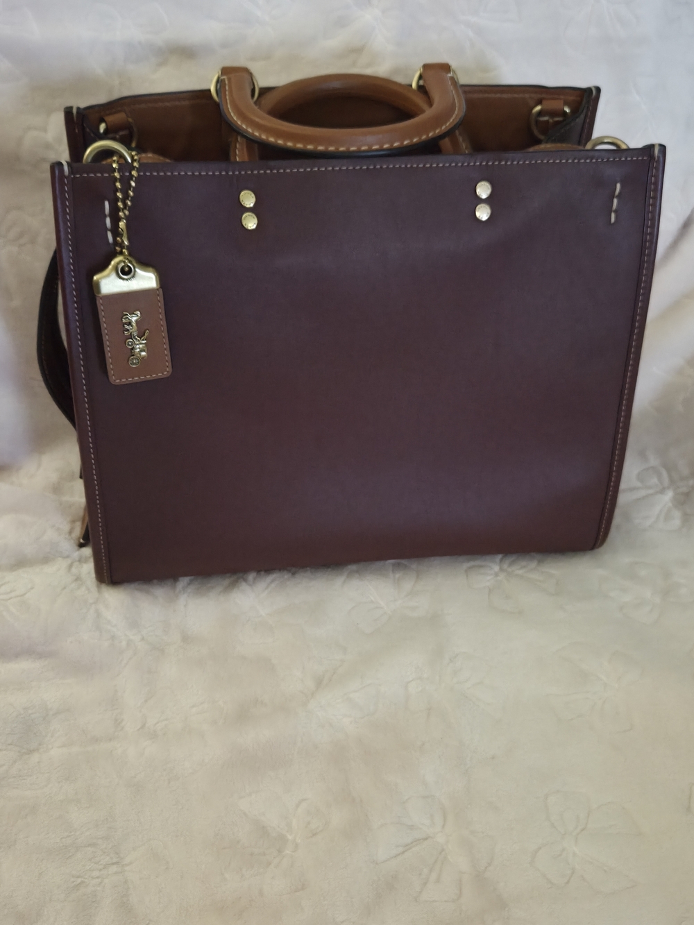 Coach Rogue 30 Burgundy and Tan Leather Satchel with Gold-Tone Accents